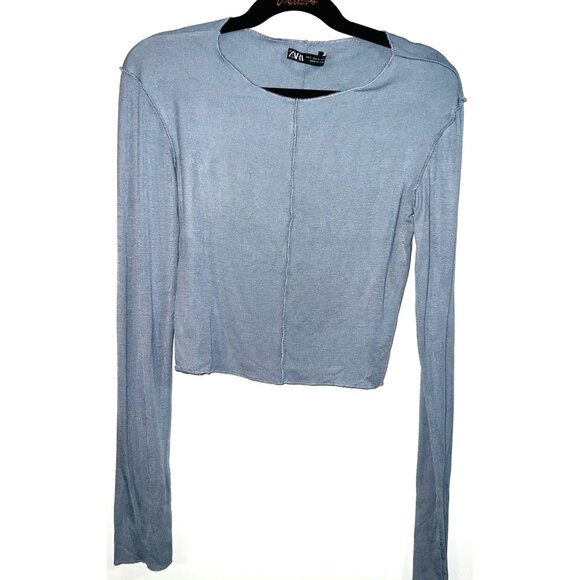 Zara Womens Small Long Sleeve Gray Knit Crop Top - Picture 1 of 3